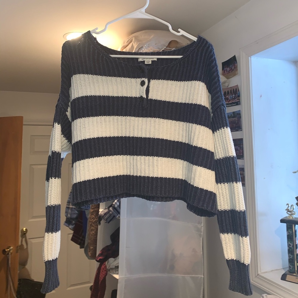 Blue and White Stripped Cropped Sweater from AEO